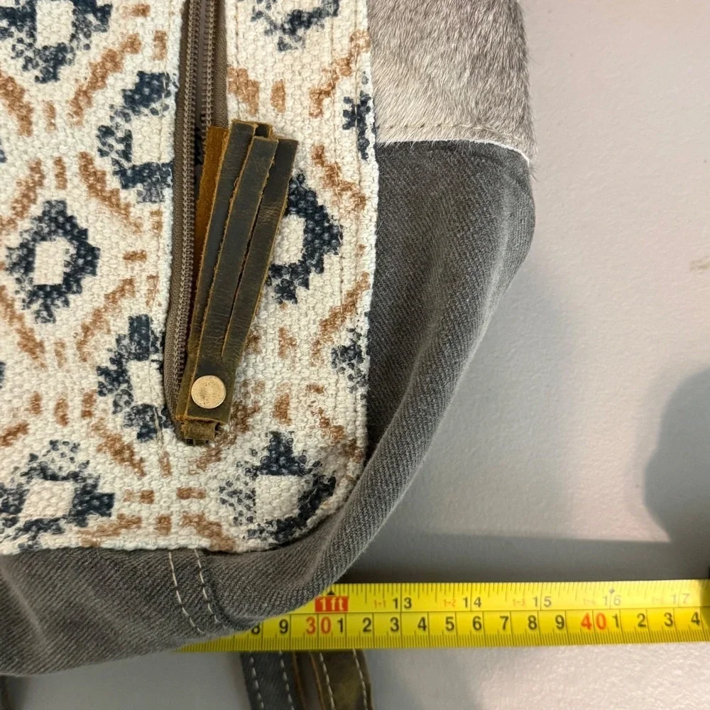 Myra Bag Backpack Med Gray Brown Boho Canvas Leather Hair-On Southwestern Boho